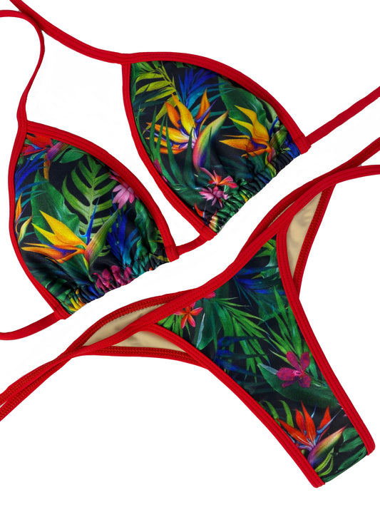 Red Trim Tropical Posing Bikini