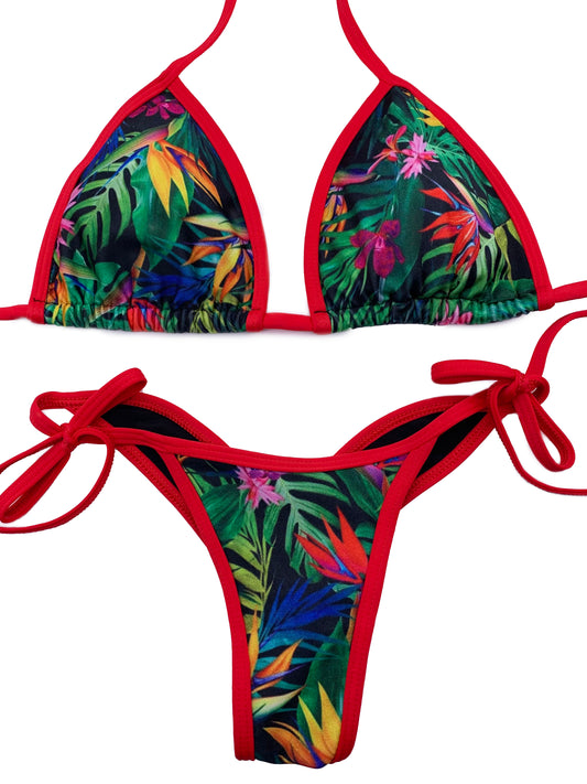 Red Trim Tropical Posing Bikini